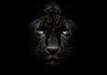 Obraz premium Intense Emerald Eyes of a Black Panther Staring Out from Deep Darkness.