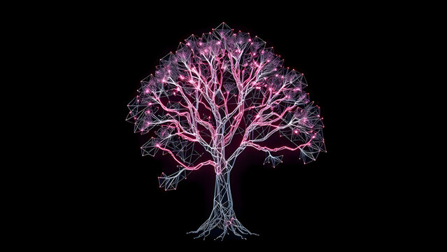 Abstract Tech Tree With Pink Neural Connections on Black Background