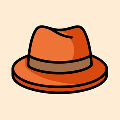 Whimsical illustration of an orange fedora hat with a brown band