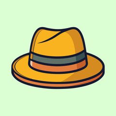 Stylish golden fedora hat with colorful band isolated on a light background