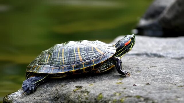 A colorful turtle rests on a stone by a pond