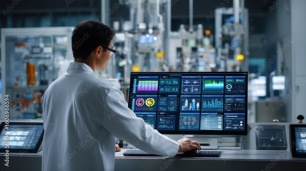 Poster monitoring real time data analytics on a sleek control panel, a production engineer ensures optimal 