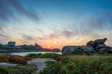 Beautiful sunset with colorful sky and sea cliff. Wild Atlantic coast, C&ocirc;tes d'Armor, Bretagne, France