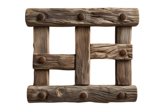 A rustic medieval wooden gate or window grate made of thick logs and metal rivets, isolated on a white transparent background PNG