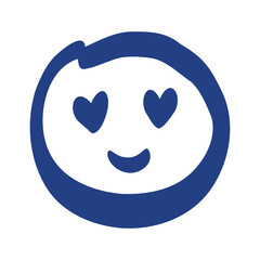 Blue hand-drawn emoji face with heart-shaped eyes and a smile, symbolizing love, joy, or admiration in playful graphics.
