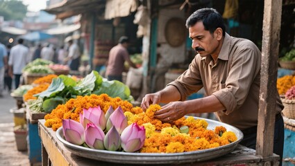 Obraz premium Male Florist Arranging Vibrant Marigold Flowers and Lotus Blossoms at a Busy Street Market in India During Bright Daylight