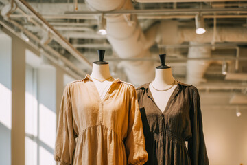 Fototapeta premium Elegant casual dresses on display in a modern clothing store