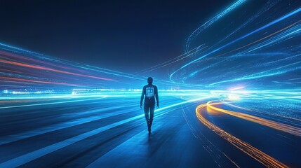 Futuristic-style race car driver walking with a digital racing steering wheel, illuminated light lines swirling, racetrack start zone in the distance