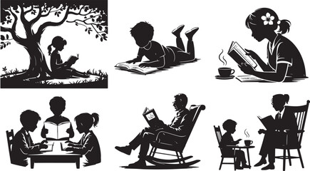 Silhouette Readers Engrossed in Books Under Tree, Rocking Chair, Table, Outdoors Vector Art