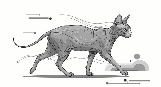 A graceful Sphynx cat walking, depicted in a modern black and white graphic illustration with abstract elements of motion.