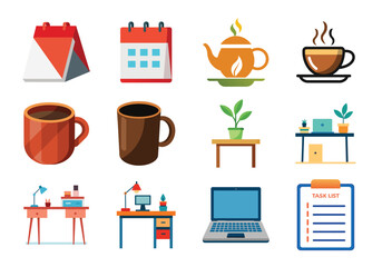 Vector art of a collection of office and work icons including a calendar, teapot, laptop, and task list isolated on white background