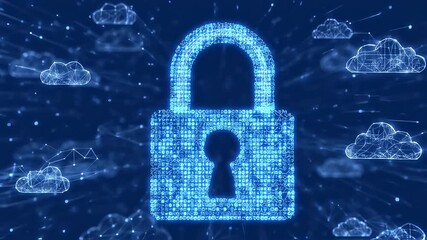 A glowing,  digital padlock graphic, overlaid with  network clouds, composed of abstract data points, in a deep blue background - Powered by Adobe
