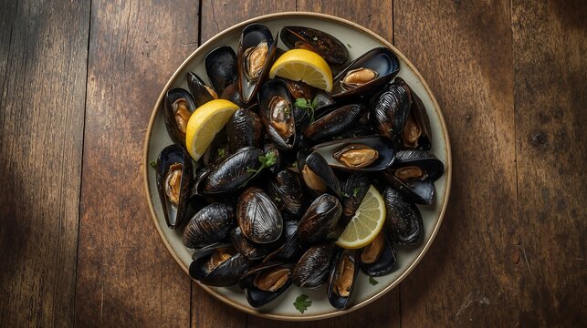 Cooked black mussels served with fresh lemon wedges and herbs in a ceramic plate on a wooden table.