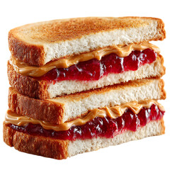 On transparent background a stack of two delicious peanut butter and jelly sandwiches made with toasted bread