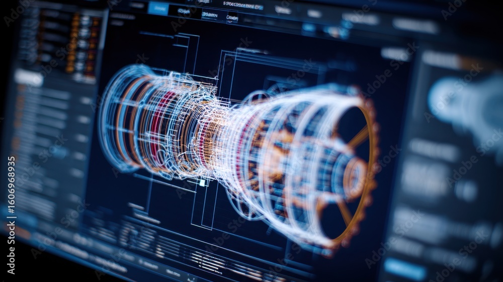 Poster computer screen displaying intricate cad designs of rocket engine parts with 3d models rotating, sig