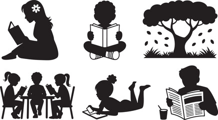 Reading Silhouette Icons: People Reading Books Under Tree, Sitting, and Lying Down