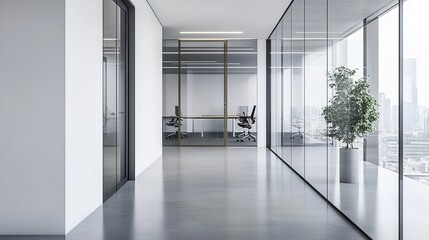 Fototapeta premium Minimalist office hallway leading to a glass door, with a clear view of the urban environment beyond