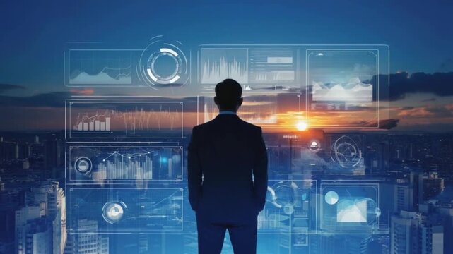 Visionary executive analyzing futuristic data dashboards overlooking city skyline at sunset, embracing digital transformation for global business growth and innovation. - Powered by Adobe