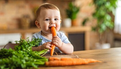 Baby eating a carrot in a kitchen