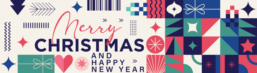 Merry Christmas Vibrant Abstract minimalist style Geometric Pattern with Modern Typography Colorful Festive and Snowflakes Holiday Greeting Background Design