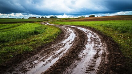 Muddy path in a mountain area with aggressive off-road tire marks and splattered mud all around