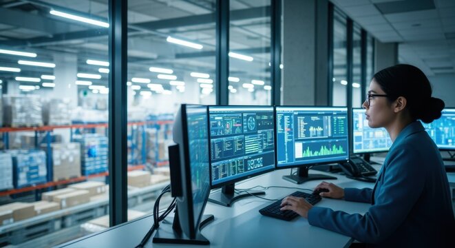 Digital control room overlooking warehouse operations with large monitors displaying shipment data.