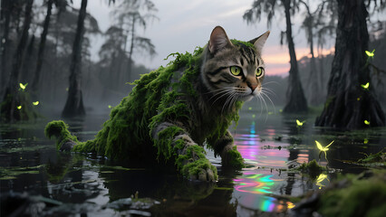 Tabby cat covered in moss wading through a mystical swamp at sunset, surrounded by glowing fireflies; magical fantasy scene with iridescent reflections on water