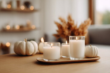 Three white candles and pumpkins on wooden tray in cozy interior  