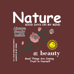 Rose graphic design with natural motifs. Vintage floral vector artwork for t-shirts and more.