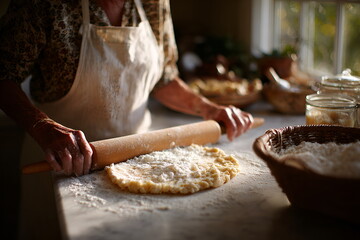 Fototapeta premium Elderly woman rolling dough for pie on kitchen countertop with flour 