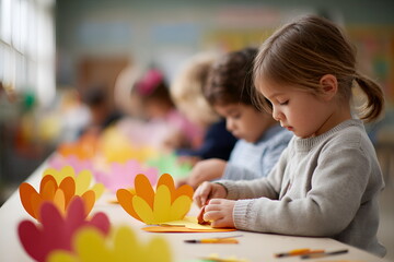 Young children crafting colorful paper flowers at classroom table  