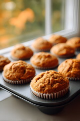 Freshly baked muffins in a tray by a window with autumn view  