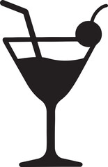 Silhouette of a cocktail glass with straw and cherry, ideal for bar, party, tropical drink, and stylish design themes.