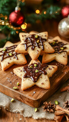 Festive star-shaped cookies with chocolate drizzle and pistachio, set against a holiday-themed background