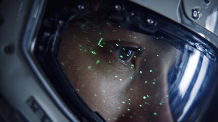 Close up of an astronaut's eye seen through a helmet visor, with a heads up display - hud - overlaying green binary code, suggesting data analysis and futuristic technology in space exploration