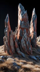 A close-up, low-angle view of multiple rugged rock formations with a rough, earthy texture and hints of red and grey, standing on a light, possibly sandy or dusty ground, against a dark, undefined bac