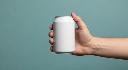 Hand Holding Empty White Aluminum Can Against Blue Background