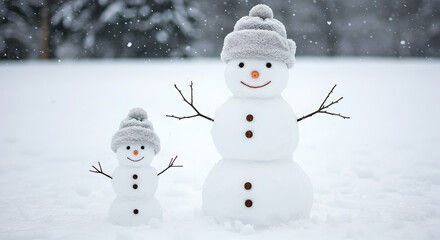Fototapeta premium Adorable snowmen duo with ushanka hats, symbolizing winter fun and family