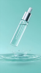 A cosmetic dropper bottle emerges from a water splash, creating a dynamic and refreshing feel ideal for hydrating skincare advertising.