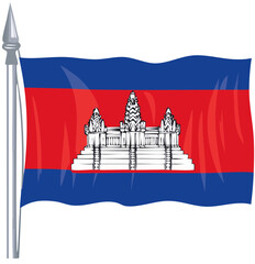 Flag of Cambodia featuring blue red stripes and white temple

