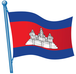 Cambodian flag with Angkor Wat temple design on flagpole
