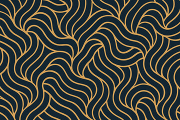 Abstract golden wavy lines on dark blue background pattern