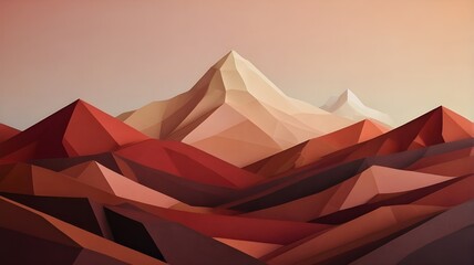 An abstract, low-poly depiction of mountains or hills, rendered in warm, muted tones of orange, red, and beige, with overlapping geometric shapes creating depth and shadow. The style is minimalistic a