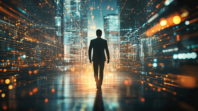 Silhouetted businessman walking toward the camera, surrounded by glowing streams of light, with digital futuristic background