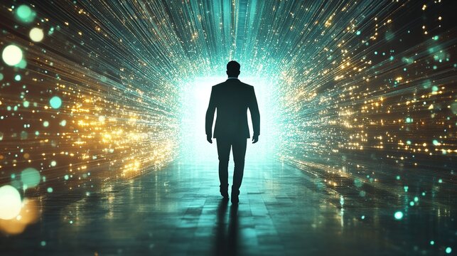 Silhouetted businessman walking toward the camera, surrounded by glowing streams of light, with digital futuristic background