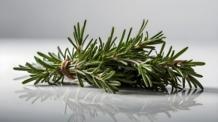 A tightly bound bundle of fresh rosemary sprigs, tied with twine, placed on a light, neutral-colored surface, possibly a counter or a table. The needles are vibrant green and appear aromatic.

