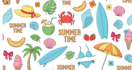 Summer vacation doodle seamless pattern. Beach and sea travel cute elements.