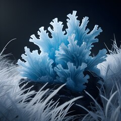 A striking formation of light blue and white, coral-like or frozen structures, with numerous visible fronds and intricate textures, partially surrounded by soft, feathery white elements, against a dar