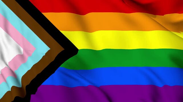 The LGBTQ+ community's rainbow flag. Redesign the progress Pride flag. Realistic and perfect loop flag waving in the wind 4K video.