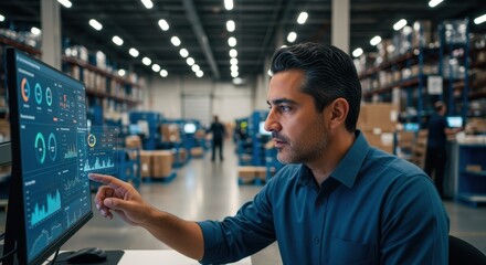 Employee monitoring warehouse performance metrics via computer interface.